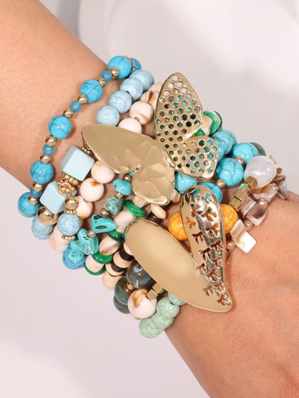 Boho Turquoise Butterfly Bracelet Stack Set  Multi Layer Beaded Stretch Bracelet